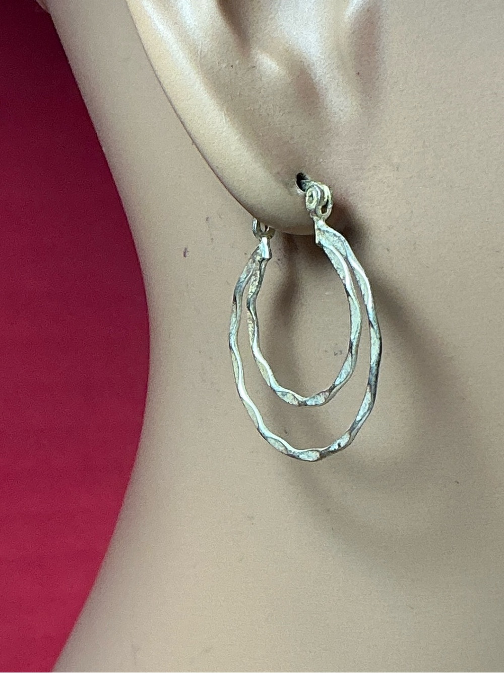 Sterling Silver Double Hoop Hammered Earrings. 1 inch diameter